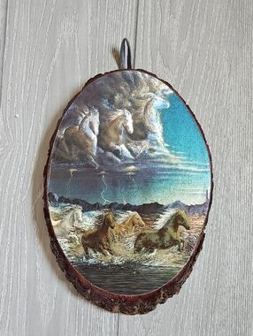 Wood Slice Wall Art - Galloping Horses Metallic Print